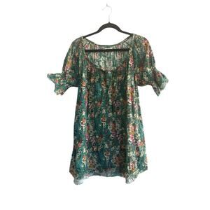 Natural Life Sienna Mini Dress Cotton Gauze Frayed Green Floral XS/Small #7096